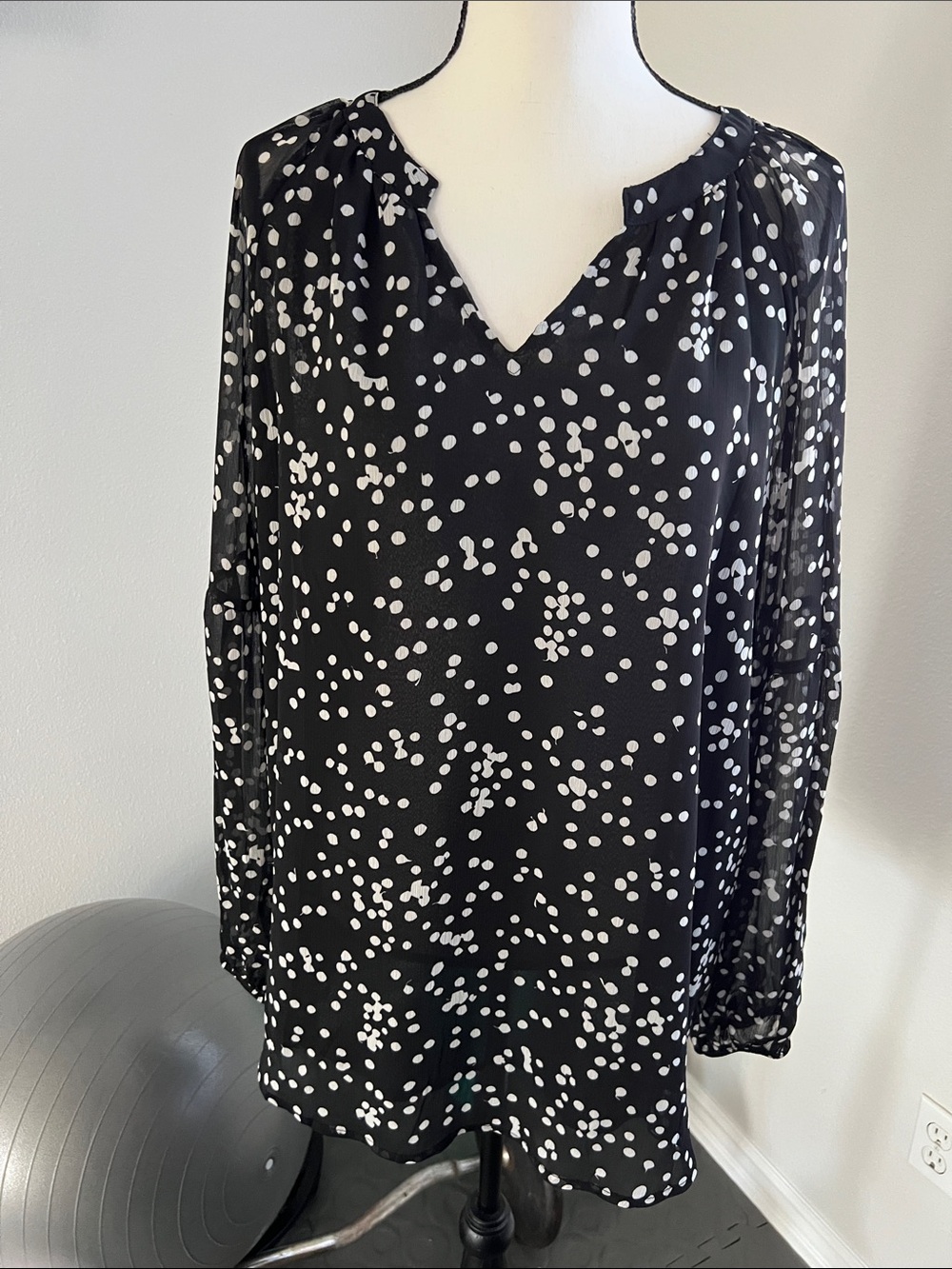 Black and White Polka Dot V-Neck Blouse
